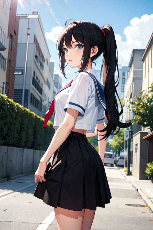 School,Schoolyard,blue sky,One girl, Long Hair, Black Hair, look up, High resolution, Large Breasts, Contemptuous eyes, Character portrait, Barrette,