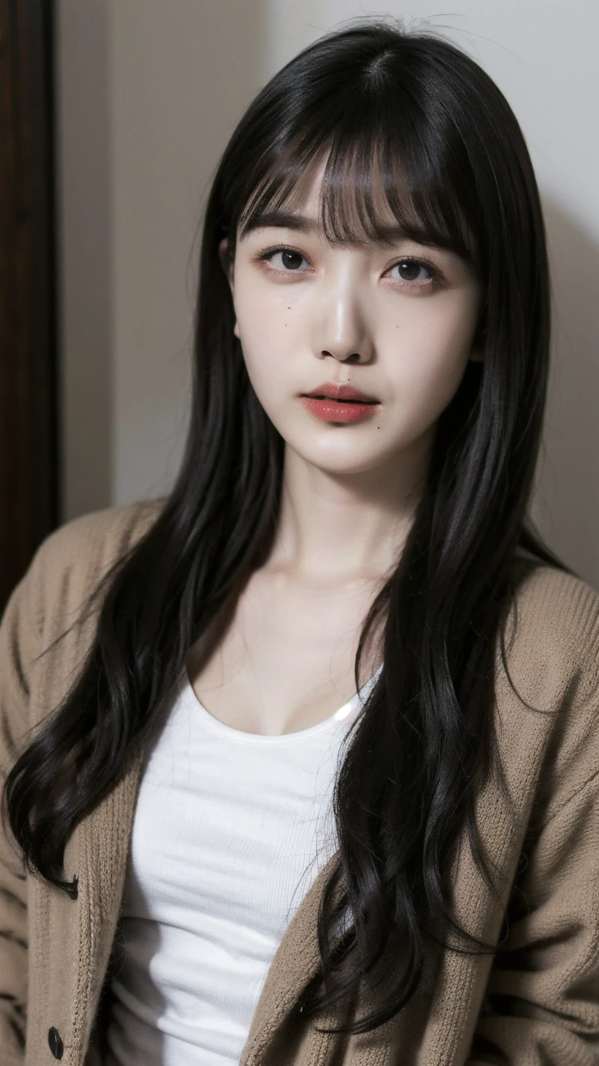 knit tanktop, coat, , (photorealistic:1.4), (best quality:1.0), (ultra highres:1.0), 8k, RAW photo, (masterpiece:0.2), , zydG, 1girl, detailed skin, looking at viewer, brown eyes, (long hair with bangs:1.2), (natural breasts), (large areolae:0.8), , (pureerosface_v1:0.5)