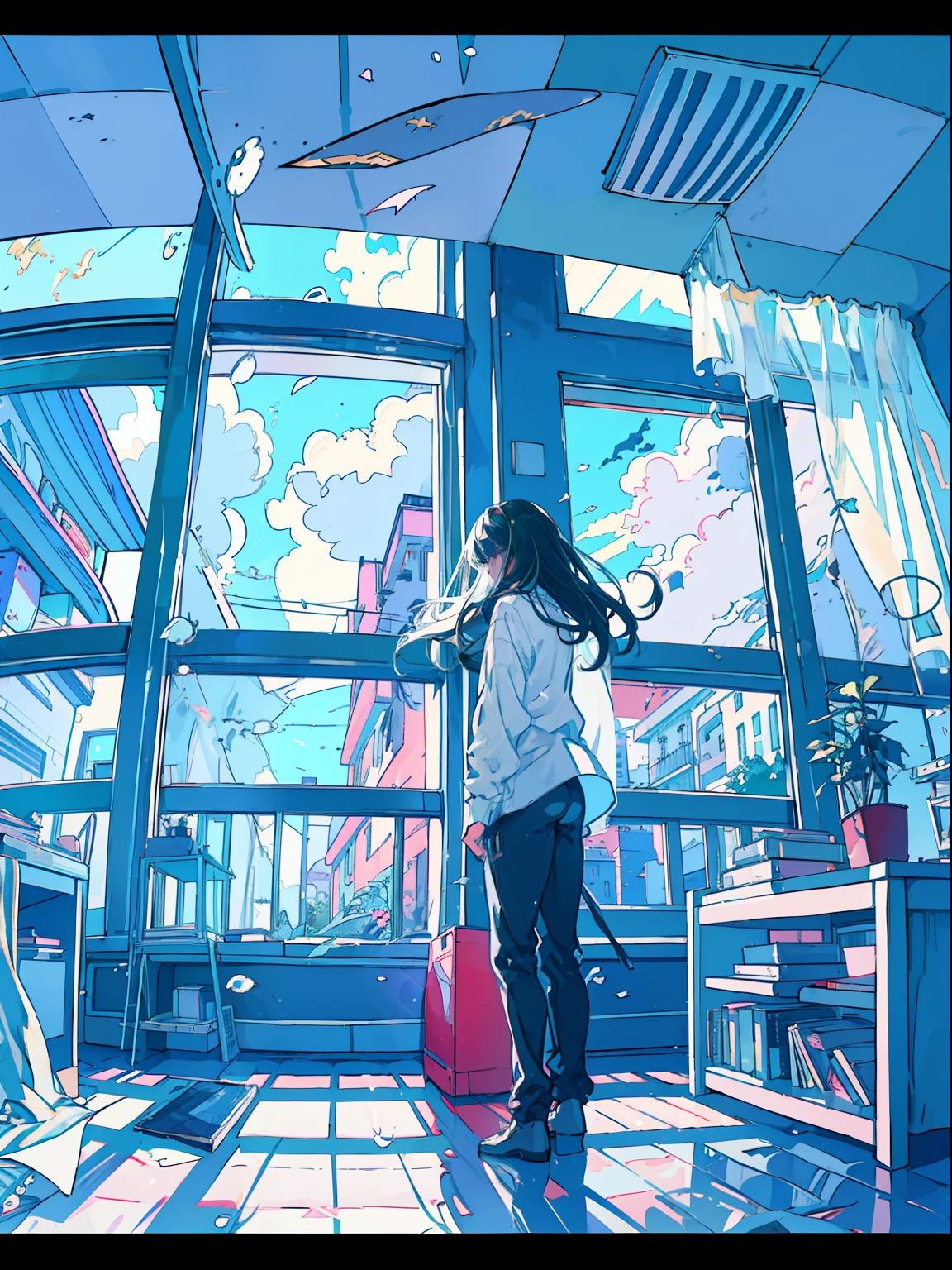 (One Girl), 20-year-old, Detailed explanation, Black-haired, Hair length, (White underwear), White shirt, In front of a large window, (Standing at the window), play the guitar, Backward view, Inside the room, Hardwood Floors, Bookshelf, Foliage plant, Big cloud outside the window, Portrait,blue sky