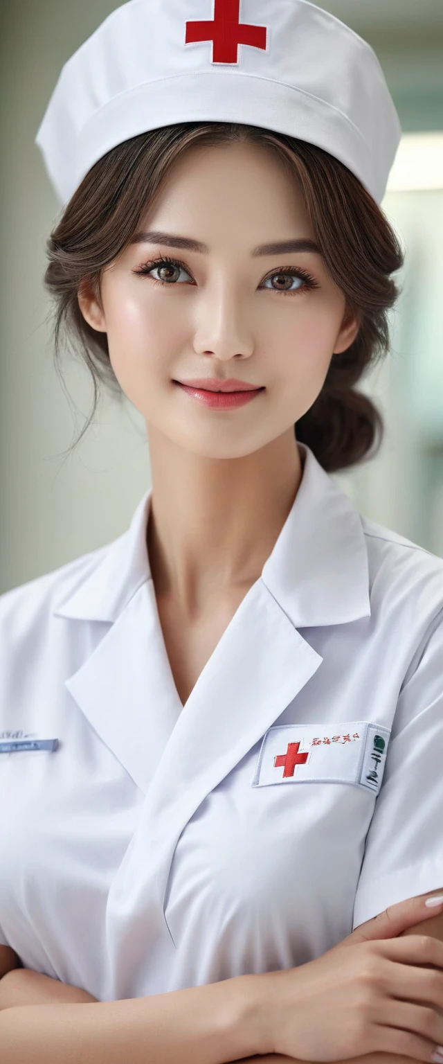 Nurse.A professional image full of love and responsibility。Hospital background(best quality:1.2), (High resolution:1.2), (beautiful face and eyes:1.2), (sharpest focus:1.2), (Hyper-realistic photos:1.2), (Super accurate photos:1.2), (Depth of Field:1.2), (perfect anatomy:1.2), (Beautiful hands:1.2), (perfect hands:1.2), (Wearing a crisp white nurse's uniform,Wearing a nurse hat and a slender figure,Elegant manners, generous appearance and kind face,Gentle and considerate eyes),