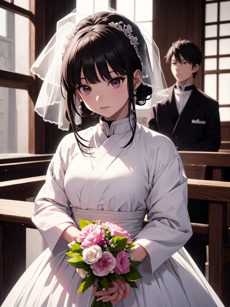 Kanao from demon slayer anime, 1girl, as a bride, wearing white colour wedding dress, at a wedding ceremony, black colour kanao's  hair, 8k, high detailed, high quality