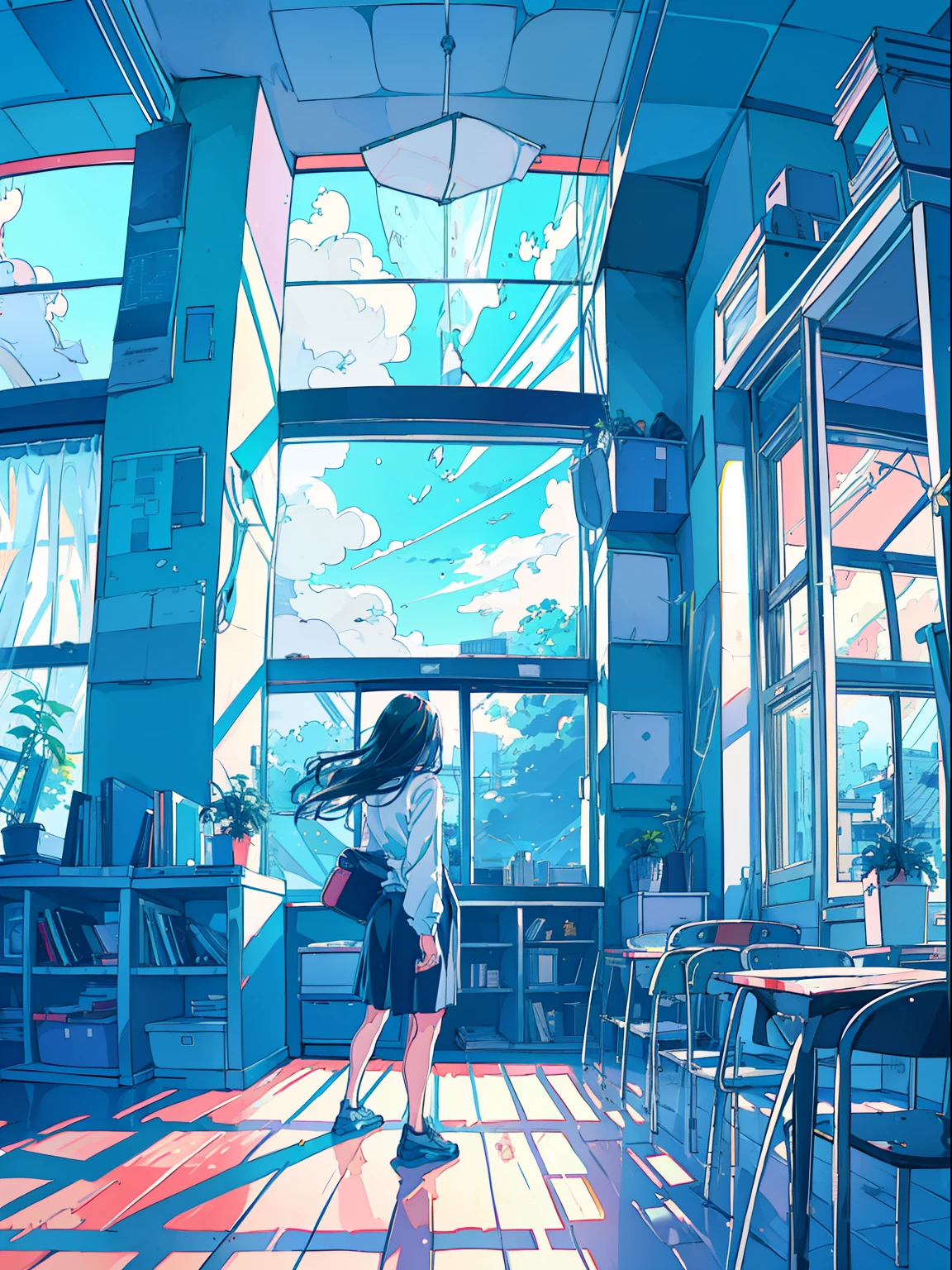 (One Girl), 20-year-old, Detailed explanation, Black-haired, Hair length, (White underwear), White shirt, In front of a large window, (Standing at the window), play the guitar, Backward view, Inside the room, Hardwood Floors, Bookshelf, Foliage plant, Big cloud outside the window, Portrait,blue sky