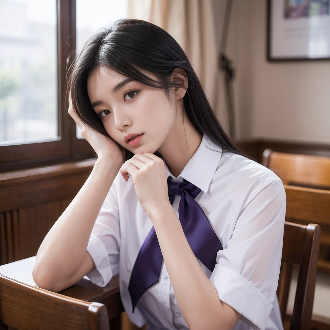 masterpiece, best quality, 8K resolution, Very detailed, hairy,dog,Long black hair,White school uniform,White hair,Purple Eyes,skinny and thin,High and high,student,There is a purple ribbon bow on the chest of the school uniform,Upper Body,sit on the chair,Class,sunny,There is a book on the table,boring,Keep your hands on your head,Thin