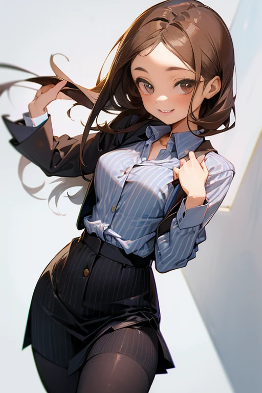 One Cute Girl, Cute smile, Businesswoman, Tight pinstripe skirt, tights, Button-up blouse, Brown straight hair, Neat,