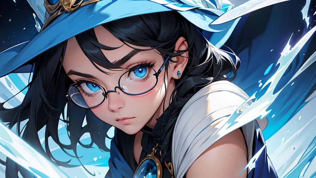 4k ultra high quality, human woman, sharp blue eyes, round face, small slightly upturned nose, curious expression, shoulder length blue-black hair, wearing modest blue dress, wearing an oversized blue wizard hat with a big very large rim, wearing spectacles
