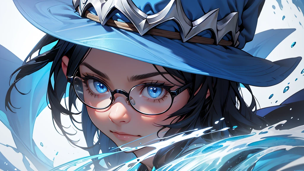 4k ultra high quality, human woman, sharp blue eyes, round face, small slightly upturned nose, curious expression, shoulder length blue-black hair, wearing modest blue dress, wearing an oversized blue wizard hat with a big very large rim, wearing spectacles