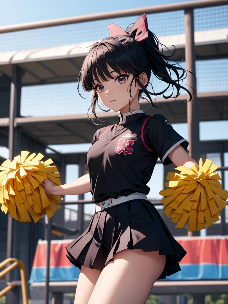 Kanao from demon slayer anime, 1girl, as a cheerleader, wearing cheerleader outfit, at a playground , black colour kanao's  hair, 8k, high detailed, high quality