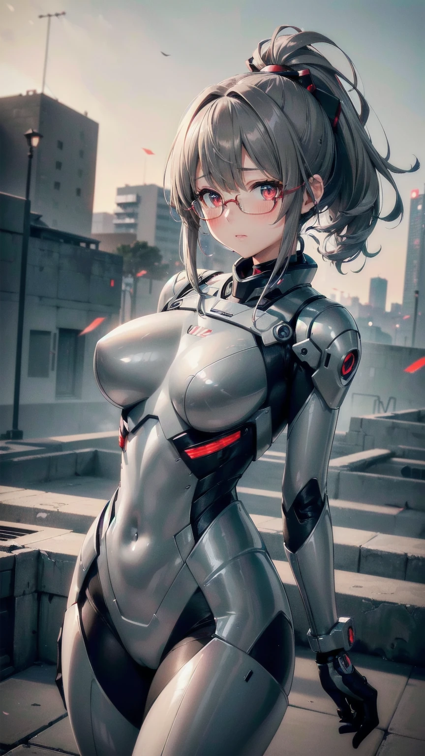 A pretty woman, 1 woman, Japanese, Alone, ((gray metal plug suit:1.3)), ((many decorations plug suit), ((gray battle suit)), ((masterpiece)), ((Best Quality)), (ultra detailed), ((kawaii)), Beautiful, (beautiful), ((extremely detailed)), 4k, (8k), Best Quality, (beautiful), illustration, Worthy, (blow to the body), (at night, city, battlefield), Glasses (short brown hair ponytail), Hair blowing in the wind, beautiful red eyes, ((beautiful eyes)), lip, shy expression, blush, bright,