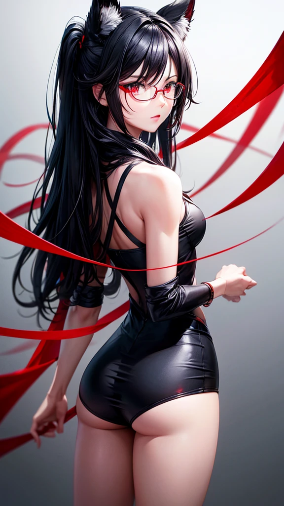 Bblack hair, Eyes red, language, high resolution, HD Model, shorth hair, language para fora, rear view, glasses on head, motion lines, minimalism, anime styling,