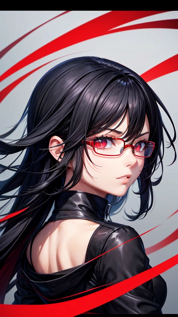 Bblack hair, Eyes red, language, high resolution, HD Model, shorth hair, language para fora, rear view, glasses on head, motion lines, minimalism, anime styling,