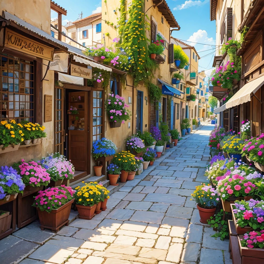 painting of a street with a flower shop , flowers, beautiful art uhd 4 k, a beautiful artwork illustration, beautiful digital painting, highly detailed digital painting, beautiful digital artwork, a bustling magical town, mediterranean fisher village, mediterranean city, detailed painting 4 k, ancient mediterranean village, very detailed digital painting, rich picturesque colors, gorgeous digital painting