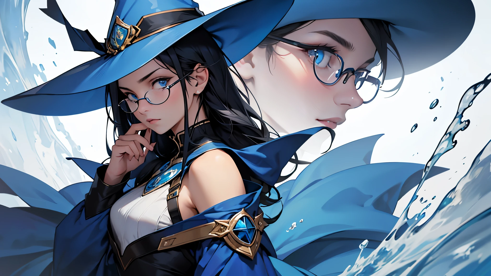 4k ultra high quality, human woman, sharp blue eyes, round face, small slightly upturned nose, curious expression, shoulder length blue-black hair, wearing modest blue dress, wearing an oversized blue wizard hat  with a big very large rim, wearing spectacles