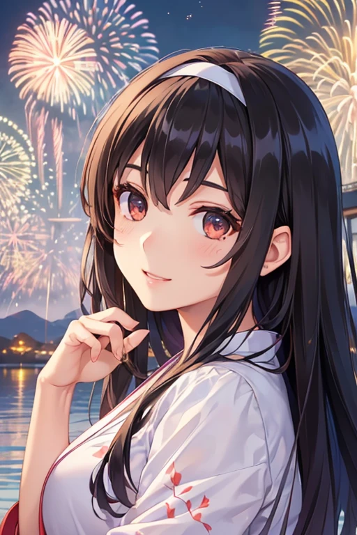 Poetry of the Hills、Shiny black hair, Long Hair, (Beautiful brown eyes、Sparkling eyes, Fine grain)、smile、超Detailed eyes、Highly detailed face, 非常にDetailed eyes, 

Highest quality、High resolution、Detailed Background、(Beautiful face in every detail:1.4)、Anatomically correct、(Detailed facial expressions)、(Detailed eyes:1.2)、(Detailed eyes:1.2)、Teenage Beauty、(Highly detailed face:1.4)、大きなsmile、cute gesture、、

(Beautiful girl enjoying the fireworks in the background:1.5)、

The yukata is pink、Light blue、We recommend light colors such as pastel colors..、

Lake Biwa Fireworks Festival、one of japan&#39;Japan&#39;s leading fireworks festival held in Otsu City, Shiga Prefecture、Fireworks will be launched over the surface of 琵琶湖.、
The view of the fireworks reflected on the lake surface is spectacular and it is a popular viewing spot..、cute