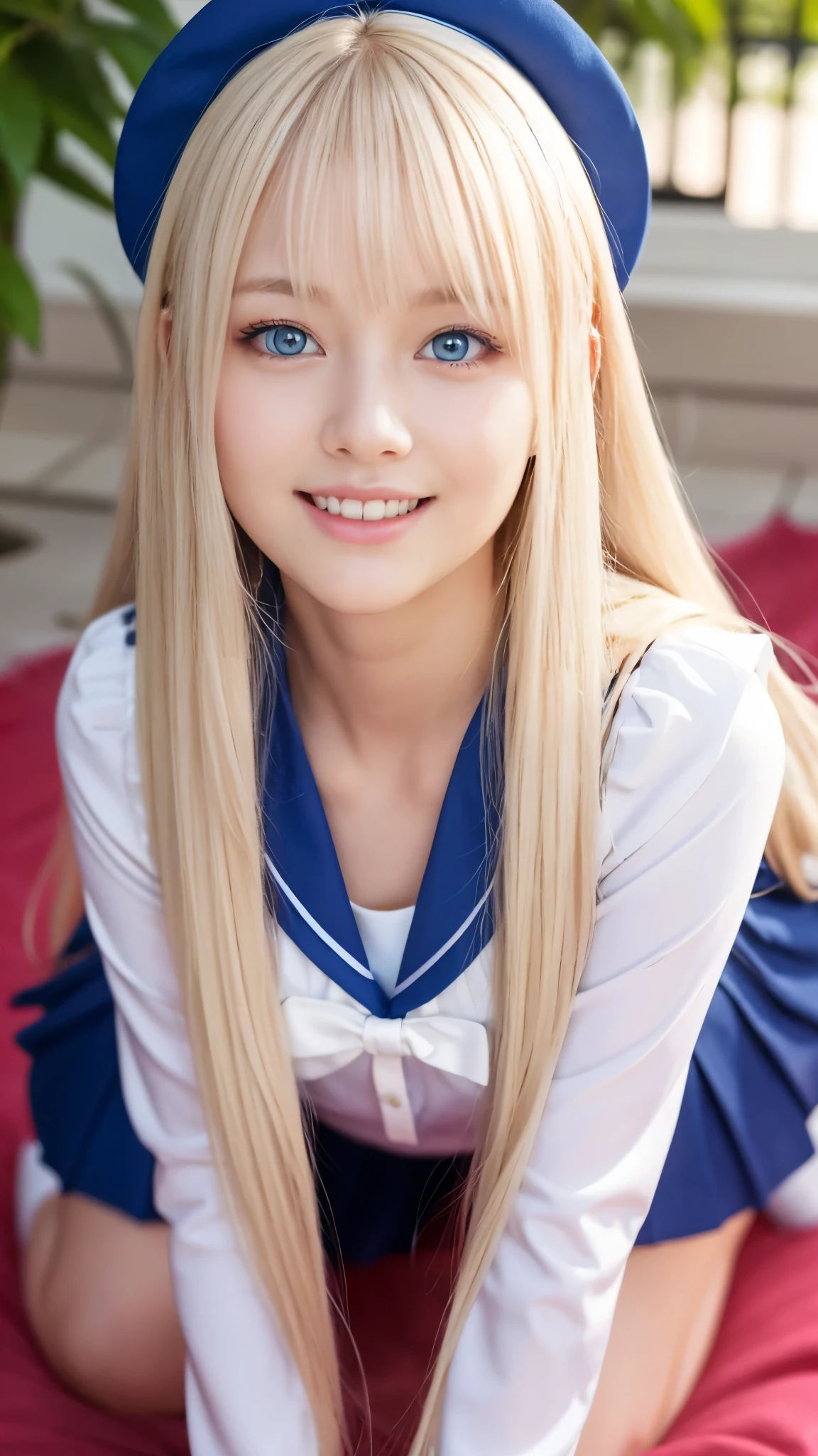 Marie Rose、Bust Shot、Pink Sailor Suit、uniform、Very beautiful Swedish old girl、Shiny, dazzling, glossy skin、Laughter、Beautiful Bangs、Beautiful, very long, straight, silky platinum blonde hair、Super long straight hair、eyeliner、Small face、big、 Shining beautifully、Clear marine blue eyes、Beautiful and bright girl、On all fours