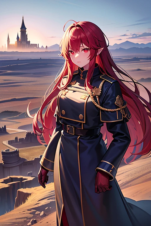 masterpiece, figure, ((Standing in the distant desert、Babel, a huge military fortress made of carved stone)), (Tower of Babel), Pale blue sky, sunlight, fog, Shadow, Dark grass with stones, Uninhabitable, Barren Land, nature, (Mountain々), Unsaturated, (A young girl in a dark blue coat standing in the distance and walking towards a castle), Medium length red hair, Moscow, soviet union, (Flying over the fortress、A dark dragon with glowing red eyes)