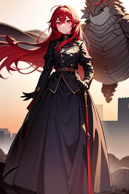 masterpiece, figure, ((Standing in the distant desert、Babel, a huge military fortress made of carved stone)), (Tower of Babel), Pale blue sky, sunlight, fog, Shadow, Dark grass with stones, Uninhabitable, Barren Land, nature, (Mountain々), Unsaturated, (A young girl in a dark blue coat standing in the distance and walking towards a castle), Medium length red hair, Moscow, soviet union, (Flying over the fortress、A dark dragon with glowing red eyes)
