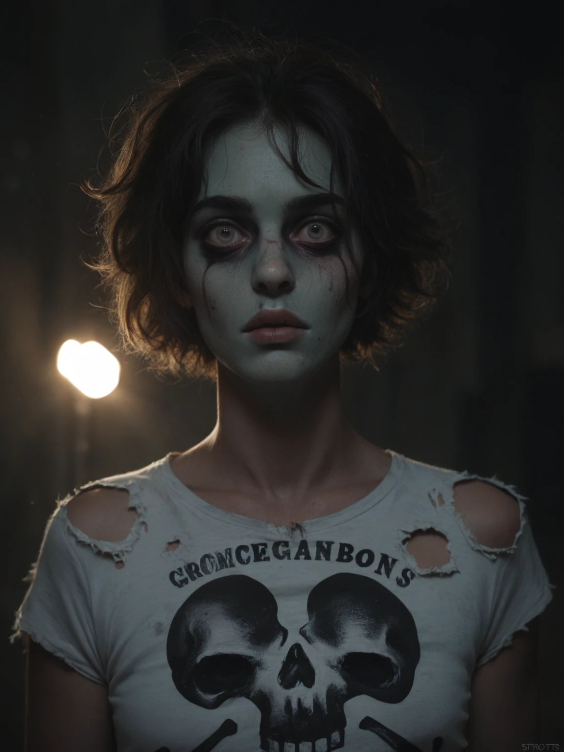 score_9, score_8_up, score_7_up, score_6_up, score_5_up, score_4_up, tag1, tag2, realistic photo from the waist up, zombie man, scary face, skull bones are visible, eye sockets are caved in, rotten skin, torn T-shirt, looking at the viewer, gloomy light passes through the hair, dark lighting, little light, dim light, depth of field, bokeh