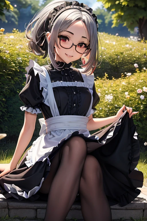 #基本 
A girl is posing for a photo, ((One Girl)), (((Baby Face:1.2)) + ((cute:1.3))), 
#A girl is posing for a photo, ((One Girl)), (((Baby Face)) + ((cute)) + 16 years old), 
break 

#Clothing Accessories 
(((Black and white)Gothic Lolita style maid outfit) : Elegant + (Dirndl) + Gothic Lolita Fashion + Dark Gothic Lolita + (Black and white)jabot + (black corset) + ((Black and white)Headdress) + (White apron)), (Low denier black pantyhose:1.4), (Black High Heels), (Red Frame Glasses), 
red gem earrings, 
break 

#Features 
((Silver Hair:1.4)), (Bangs that expose the forehead:1.4 + I can see a beautiful forehead:1.4), (ponytail : A little short hair + Curly hair + Fuller Hair),  
(Droopy eyes, blue eyes, (Big eyes:1.2)), (Very small breasts), 
break 

#background environment 
(noon, (The garden of a large Western-style mansion + grass + Garden of roses + The sun shines on the girl)), 
#Facial Expression Pose 
((smile:1.3), blush), (Confident and elegant appearance, (Sitting with legs crossed)), 
#composition 
(To the camera, (Focus from the side), (whole body)),  
break 

#Body parts elements 
(Slim figure), 
(Detailed Hair, Beautiful Hair, Shiny Hair), 
(double eyelid, Long eyelashes), 
(Expression of fine eyes, Beautiful and delicate eyes, Sparkling eyes, Eye Reflexes, Glitter Eyeliner), 
(Human Ear), 
(Beautiful Nose, Thin Nose), 
(Glossy Lips, Beautiful Lips, Thick lips, Glossy Lips, Natural Cheeks), 
(Detailed face, Symmetrical facial features), 
(Detailed skin, Textured skin, Beautiful Skin, Glowing Skin), 
break 

#Quality Image Quality Common 
(((Highest quality)), ((masterpiece)), ((Very detailed))), ((High resolution)), ((16K,1080P)), 
(Anatomically correct), (Realistic), (3DCG), 

#Quality image illustration 
((comics, anime)), CG illustration, 
