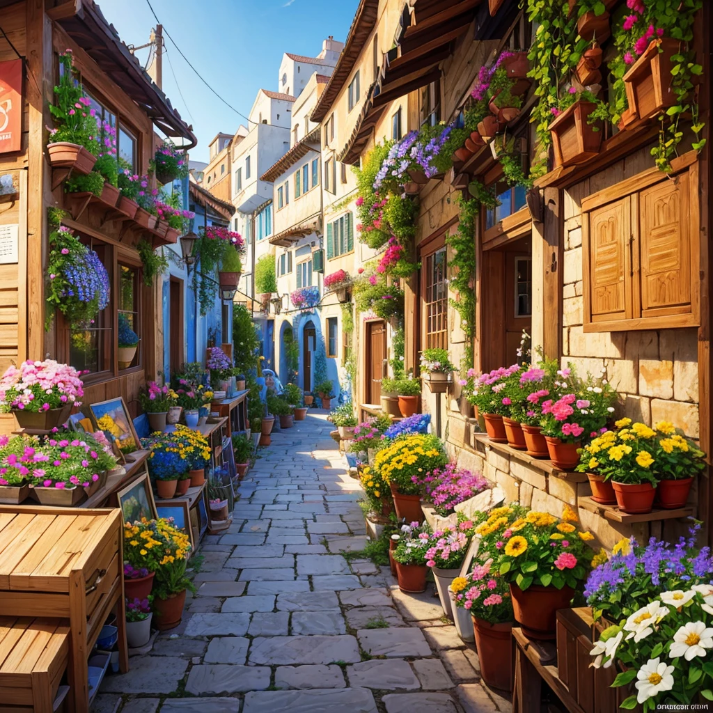 painting of a street with a flower shop , flowers, beautiful art uhd 4 k, a beautiful artwork illustration, beautiful digital painting, highly detailed digital painting, beautiful digital artwork, a bustling magical town, mediterranean fisher village, mediterranean city, detailed painting 4 k, ancient mediterranean village, very detailed digital painting, rich picturesque colors, gorgeous digital painting