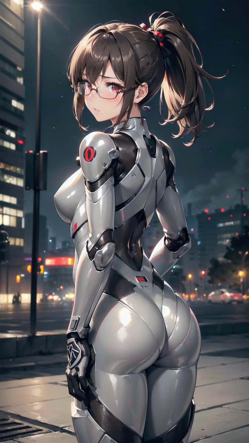 A pretty woman, 1 woman, Japanese, Alone, view from behind, perfect ass, ((gray metal plug suit:1.3)), ((many decorations plug suit), ((gray battle suit)), ((masterpiece)), ((Best Quality)), (ultra detailed), ((kawaii)), Beautiful, (beautiful), ((extremely detailed)), 4k, (8k), Best Quality, (beautiful), illustration, Worthy, (blow to the body), (Midnight, city, battlefield), Glasses (short brown hair ponytail), Hair blowing in the wind, beautiful red eyes, ((beautiful eyes)), lip, shy expression, blush, bright,