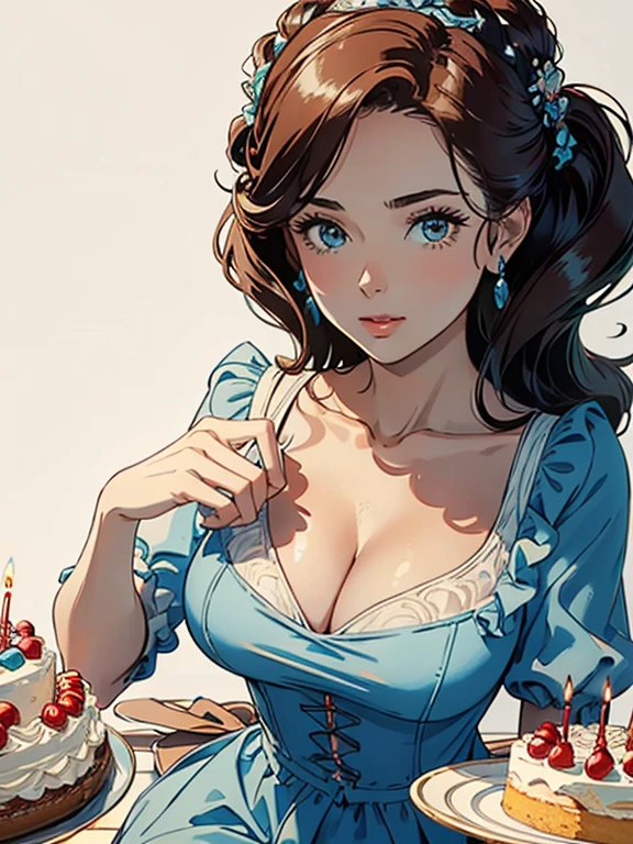 masterpiece, best quality, Woman holding a whole cake, 8k, White background,Solid color background,Woman holding birthday cake, 8k, (Clear focus, Very detailed) Warren Tufts, Retro, deep cleavage