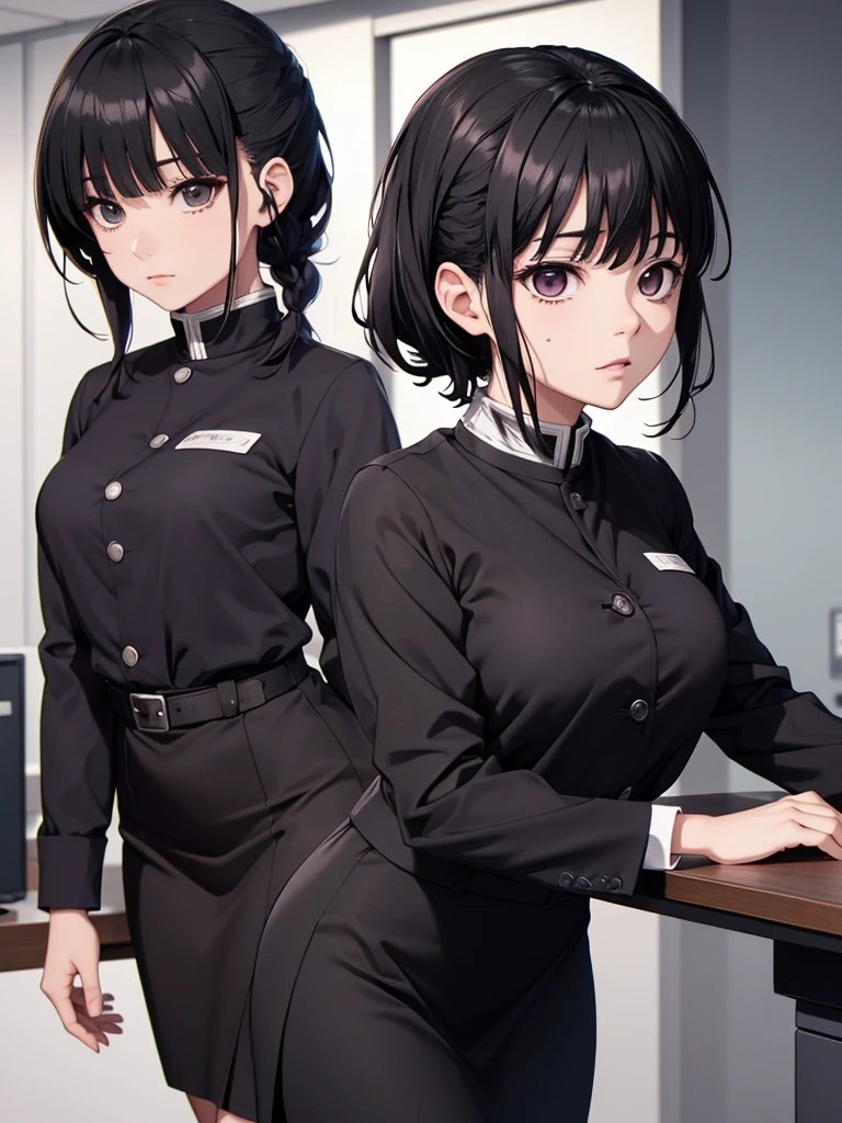 Kanao from demon slayer anime, 1girl, as an office lady, wearing black colour office suit, tight skirt, at an office, black colour kanao's hair, 8k, high detailed, high quality