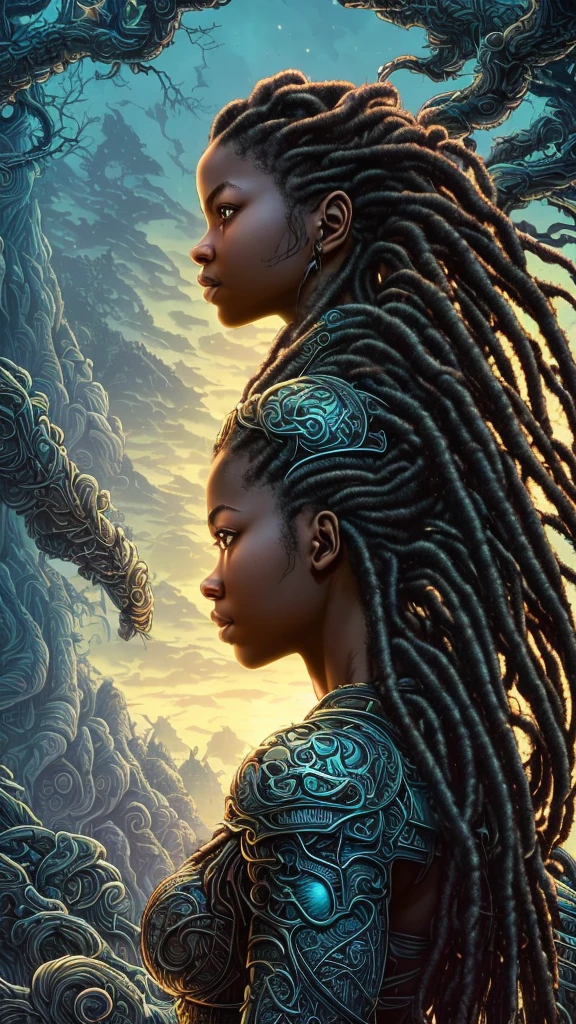 in profile (beautiful girl, 18 years old, looking at the horizon, with flowing dreadlocks :1.1) portrait, dark forest, waterfall, romantic sunset, sharp symmetrical artistic art, dan mumford style, hdr, realism, dark fantasy atmosphere, lovecraft style, (artstyle JimJorCrafLogo:1.3), (close up view)