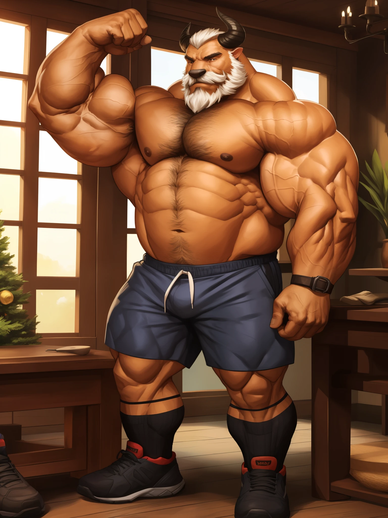 a potrait, half body, semirelistic:1.2, ((huge horn's, black horn's)), furry bull, thick beard, black mustache, black nose, thick mustache, massive muscle, masterpiece, detailed face, muscular old man in front house, old man, bearded. white hair and beard, bearded, ((muscular, pectoral, wide pectoral, huge pectoral, thick arm, huge arm)), realistic, 8k, masterpiece, (wearing shorts and shirtless:1.3, topless, shoes), smile, brown bear