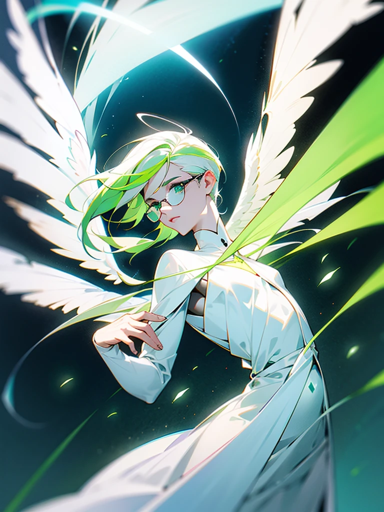Reference sheet of a androgynous angel with white hair with green streaks, white skin, beautiful face, black glasses, glowing halo and wings in white loose dress