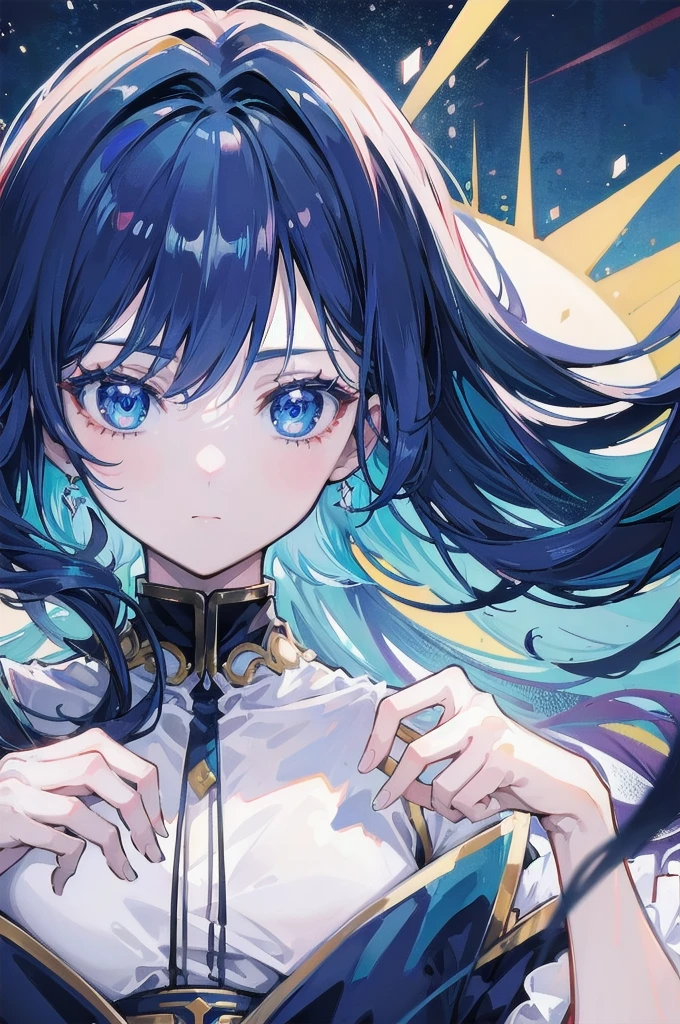 ((Highest quality, 8k, Masterpiece)) Anime character with long deep blue hair and blue eyes, Young woman anime visual, Today&#39;s Featured Anime Stills, White-haired God, Official Art, Cute girl anime visuals, popular Isekai anime, tsuaii,  Anime movies, Anime, isekai, Hestia, Albedo&#39;s Transparency from the Anime Overlord 　Blue Archive　Hayase Yuuka　smile