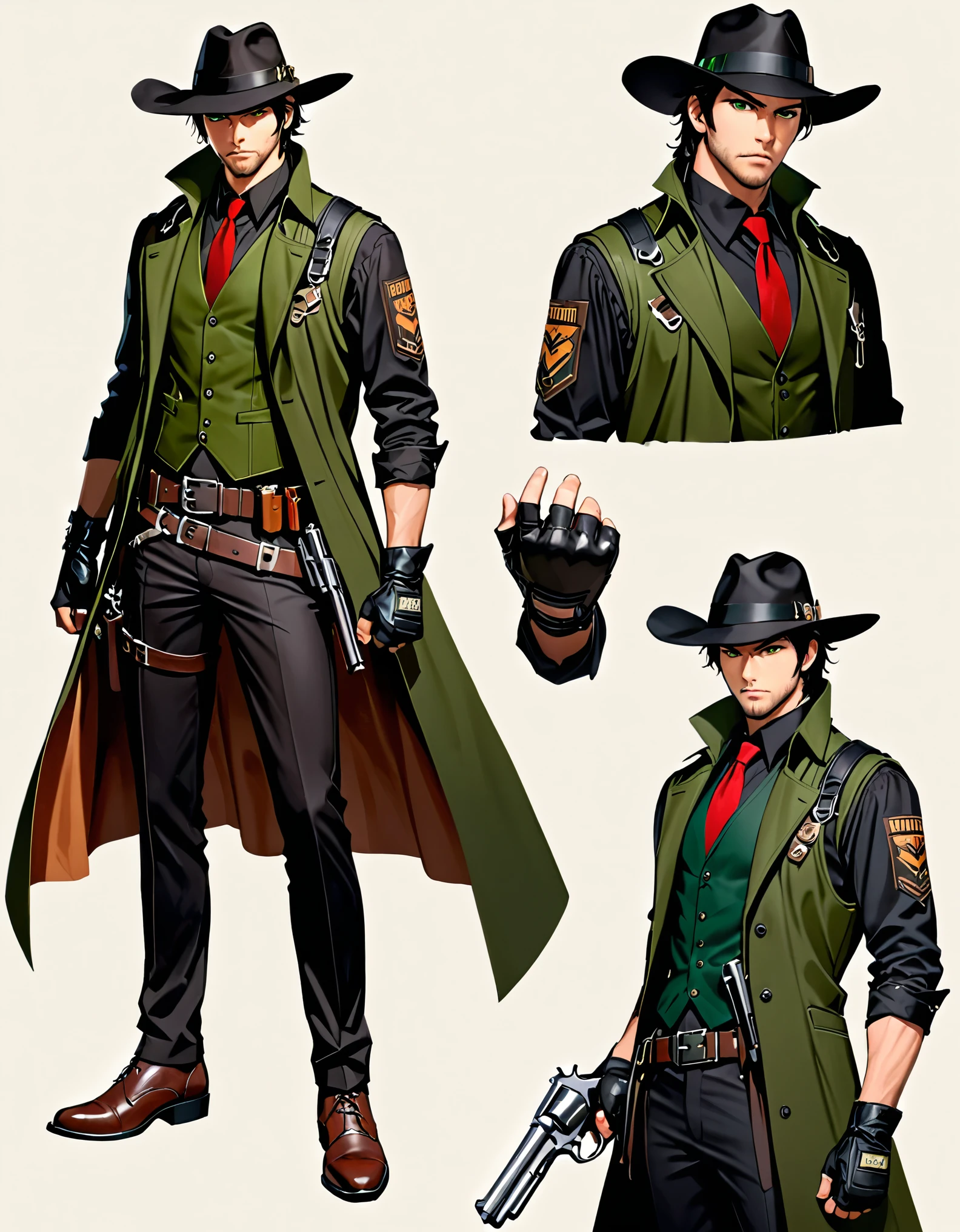 semi-realistic, solo, solo focus, 1 young black-haired man, dark green vest, serious look, 1 man, green eyes, professional, full body shot, cowboy bounty hunter, black hat, black shirt, red necktie, long black coat, fingerless gloves, black pants, belt buckle, shoes, serious look, Simple background, Multiple views, Character Sheet Full-Length. Gun, revolver.