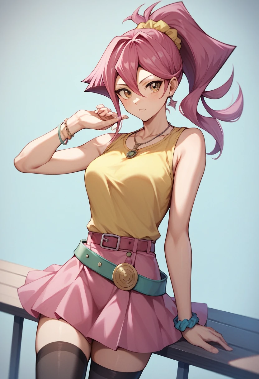 masterpiece, best quality, highres, bbmazaki, ponytail, hair scrunchie, necklace, yellow shirt, sleeveless, bracelet, belt, miniskirt, pink skirt, black thighhighs, yu-gi-oh!,