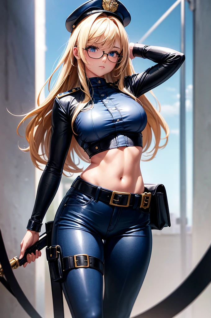 (4k), (High Definition), (resolution 1080p x 1080p), young girl, ( Hyperrealism), (detailing of the body), (no anomalies), Skinny body, big chest, thin waist, voluminous thighs, tanned skin, long blonde hair, glasses, blue police shirt, police cap, black leather belt, holster on the belt, dark blue vinyl pants, 