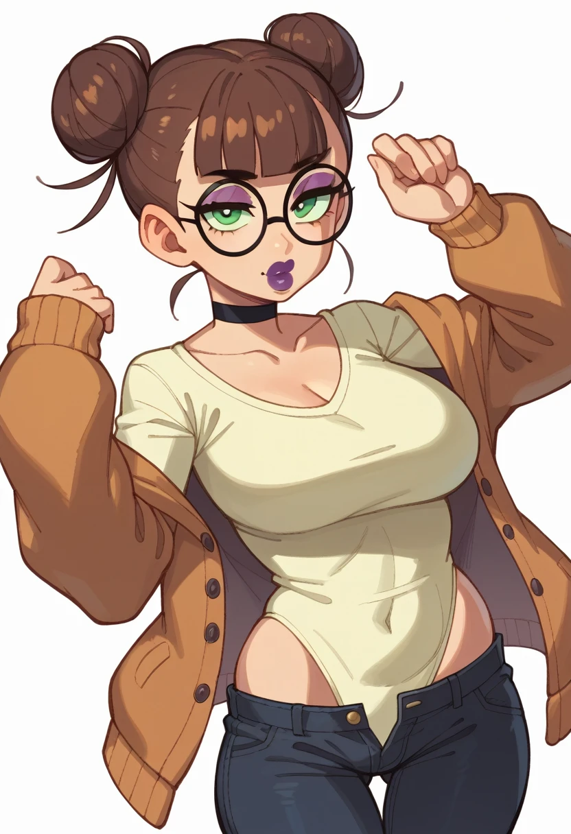 score_9, score_8_up, score_7_up, score_6_up, score_5_up, score_4_up, BREAK 1girl, brown hair, bun hair, green eyes, thick lips, long eyelashes, half-closed eyes, black-framed eyewear, round eyewear, black choker, blunt bangs, adult, black eyeliner, purple lips, golden eyeshadow, looking at viewer, BREAK solo, standing, large breasts, adult, skinny, highleg, arched back, thigh gap, cardigan, black jeans, BREAK (white background:1.2), simple background, dynamic pose, dynamic angle, angled shot,
