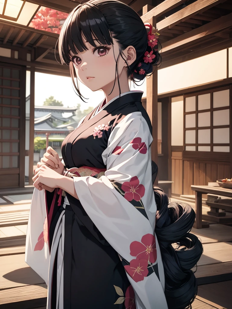 Kanao from demon slayer anime, 1girl, wearing a long Japanese kimono with flowers, at a japan village, black colour kanao's  hair, 8k, high detailed, high quality