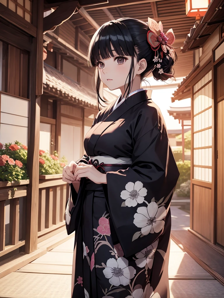 Kanao from demon slayer anime, 1girl, wearing a long Japanese kimono with flowers, at a japan village, black colour kanao's  hair, 8k, high detailed, high quality