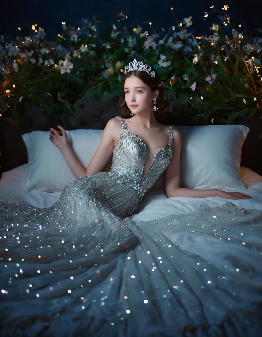 Under the starry night sky of Jeju Island, where the magical glow of fireflies creates an enchanting ambiance, an extraordinary and extravagant photoshoot takes place. The model, a stunning young woman with dark brown hair and an oval face, is gracefully lying on a bed of lush, illuminated flowers, which softly glisten in the firefly light. She wears an opulent, shimmering gown with intricate beadwork that captures the twinkling lights around her, complemented by delicate silver butterfly-shaped earrings and a matching tiara. Her pose is serene and elegant, with her body slightly arched and one hand gently reaching out to caress the glowing petals, while her other hand rests delicately beside her, creating a dreamy and surreal atmosphere. The contrast between her luxurious attire and the natural, luminous setting of Jeju Island at night results in a truly unique and creative visual experience.