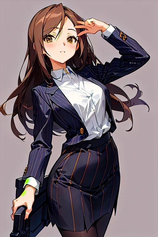 Anime-style image of a woman in a business suit holding a gun, Girl in suit, Girl in suit, Kantai Collection Style, Smooth anime CG art, Detailed Anime Character Art, I also make fan art, Anime Moe Art Style, Female Anime Characters, Official character art, Cute girl anime visuals, Wearing a strict business suit, Long Hair Anime Girl