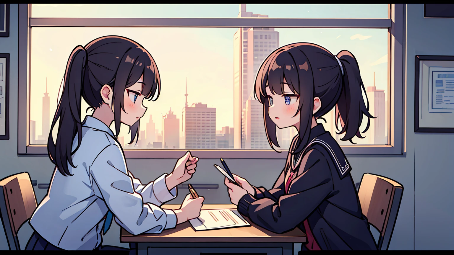 (masterpiece, best quality),2 women, different hair colors, different faces, ponytail, shot,letterboxed, perfection of fashion,chapped lips, casual attire, upper body, from the side,night,Floor-to-ceiling windows with a view of the busy city at night,Teaching students to study at an office white desk, eyes look at the note, together, stylish outfit,