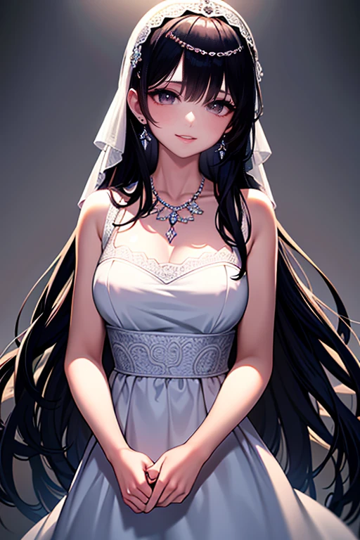 最high quality, masterpiece, High resolution, One girl, clear silk porcelain dress, Beautiful Face, hair accessory, Looking at the audience, smile, Shut your mouth., lips, dress, hair accessory, necklace, jewelry, Long Hair, Earrings, Beautiful Face, On the body, Tidal effect, realism, Dark studio, Edge lighting, Two-tone lighting, (Skin with attention to detail: 1.2), 8k UHD, Digital SLR, Soft Light, high quality, Volumetric lighting, photograph, High resolution 4K, 8k, Blurred Background