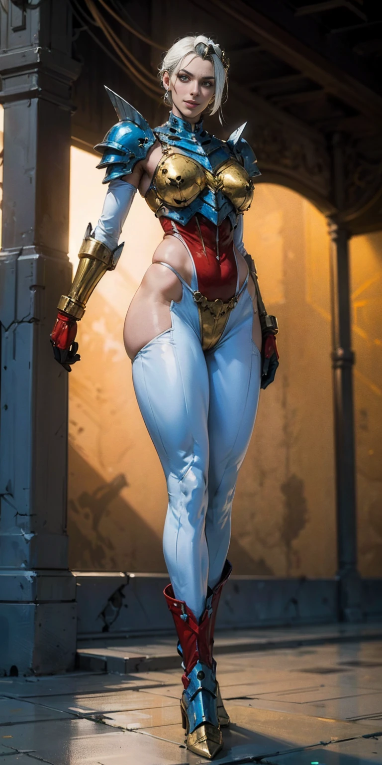 (masterpiece, best quality, 4k, 1solosqueleton with skull head and golden armor, smile, plain background:1.2) perfect face, perfect lighting, mature with gloves red gauntlets in her hands like Cammy White from Street Fighter, bob white hair, warhammer 40k power armor suit with loincloth, red eyes like rubies, full body GOLDEN armor, view from below, looking to the viewer, arms to the sides empty hands, RED military boots, silver skull ornament attached to crossing 2 belt wide hips, 2 long legs