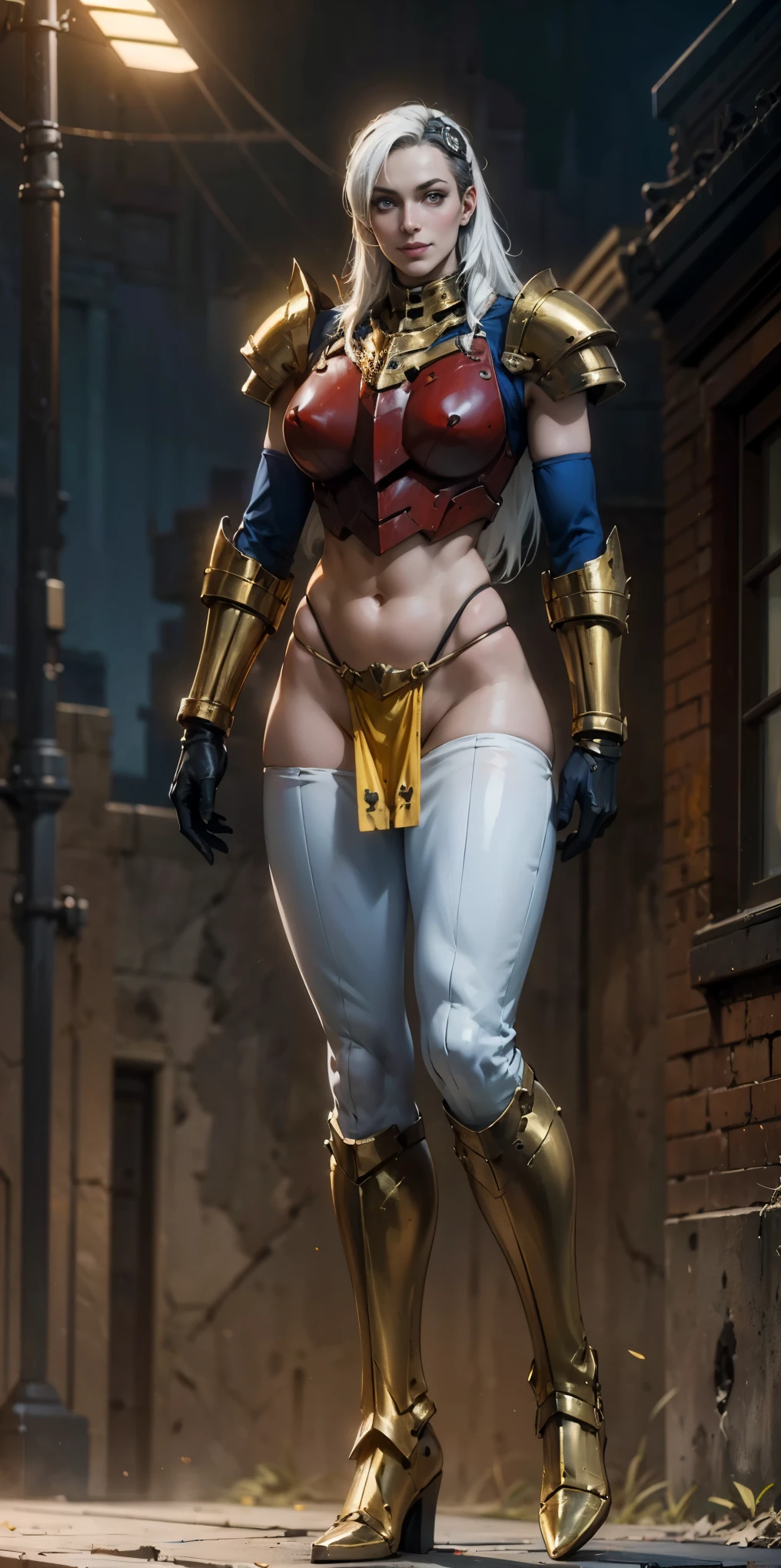 (masterpiece, best quality, 4k, 1solosqueleton with skull head and golden armor, smile, plain background:1.2) perfect face, perfect lighting, mature with gloves red gauntlets in her hands like Cammy White from Street Fighter, bob white hair, warhammer 40k power armor suit with loincloth, red eyes like rubies, full body GOLDEN armor, view from below, looking to the viewer, arms to the sides empty hands, RED military boots, silver skull ornament attached to crossing 2 belt wide hips, 2 long legs