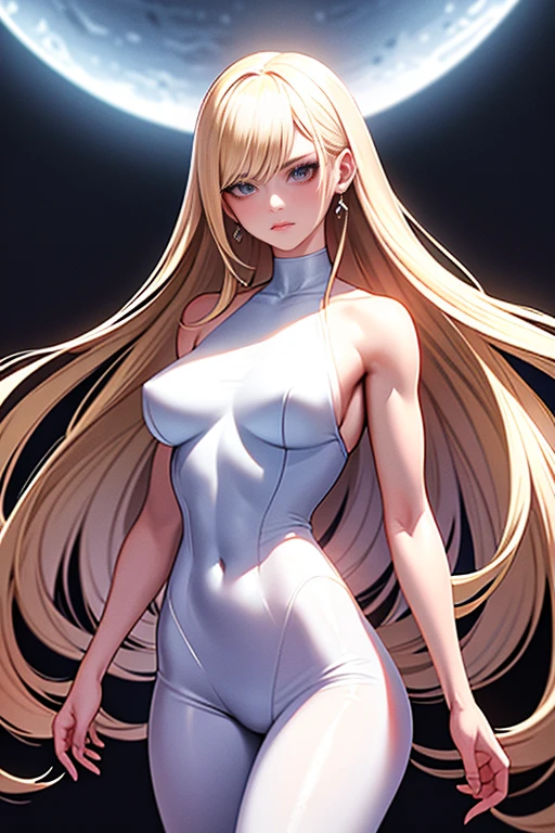 masterpiece, Highest quality, (alone focus), (Perfect Face:1.1), (Attention to detail:1.1), (Ultra-detailed eyes), dramatic, (1 person:0.5), (Pale skin), Long blonde hair, Psychic Eyes, (Thin eyebrows), alone, Long Hair, Jordan Barrett, moon, night, White luxury suit, Covered navel, Pouting, fur, Proud look, Future City, Detailed Background, Art by artgerm, Cinema Lighting, rose, fashion, Balenciaga Style
