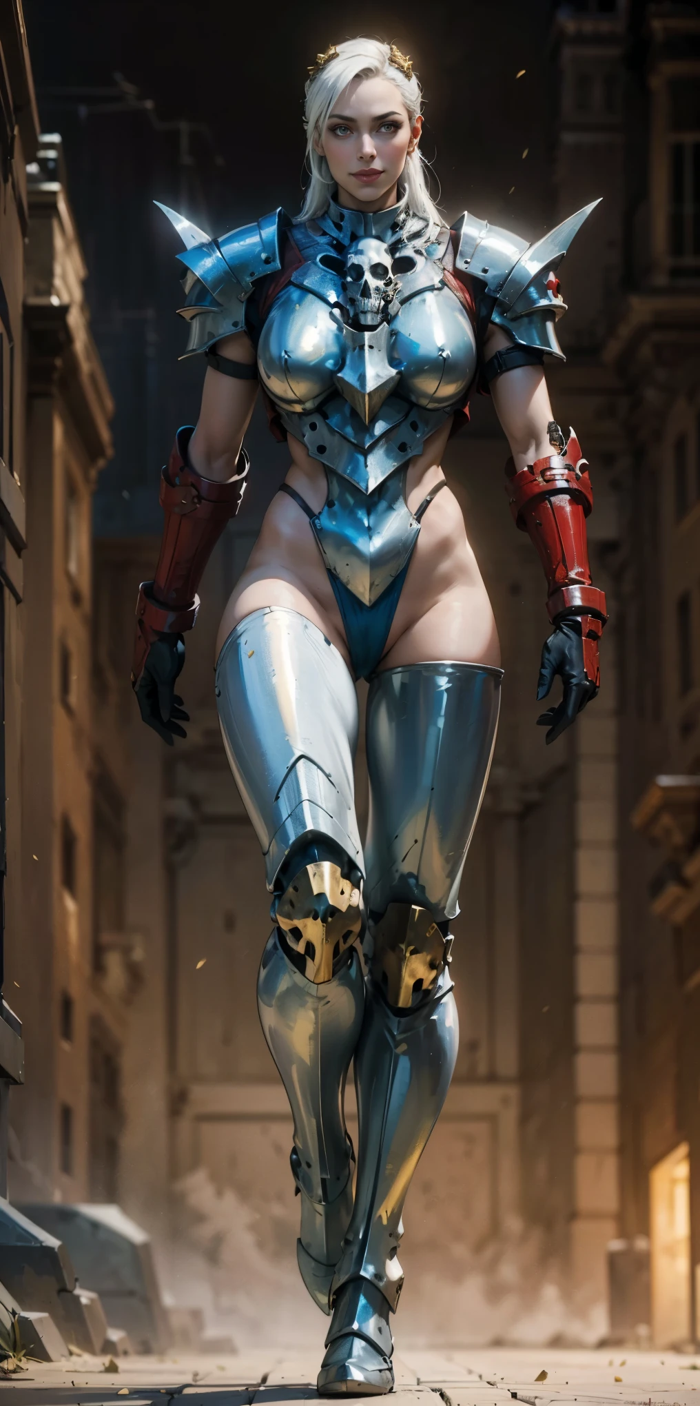 (masterpiece, best quality, 4k, 1solosqueleton with skull head and golden armor, smile, plain background:1.2) perfect face, perfect lighting, mature with gloves red gauntlets in her hands like Cammy White from Street Fighter, bob white hair, warhammer 40k power armor suit with loincloth, red eyes like rubies, full body GOLDEN armor, view from below, looking to the viewer, arms to the sides empty hands, RED military boots, silver skull ornament attached to crossing 2 belt wide hips, 2 long legs