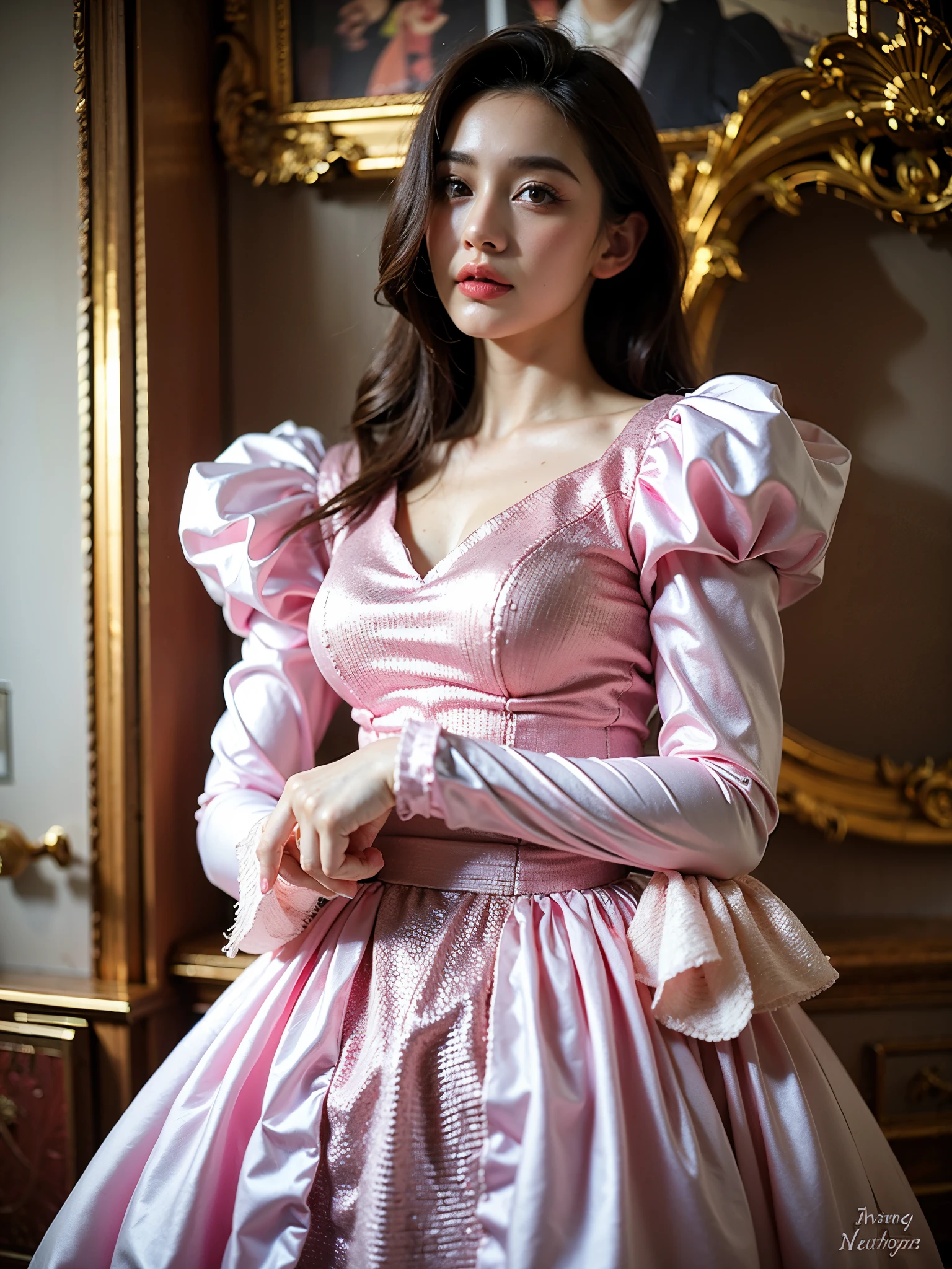 Realistic Photography, Beautiful Cute Female , pink and white Rococo Dress eith ruffles and long sleeves,big breasts,long 
,perfect colorful makeup, 