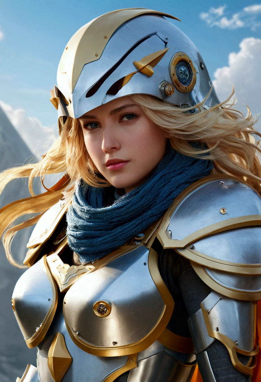 (((masterpiece))),16k,best quality, illustration, earth, water,fire,wind,space,1girl,blonde hair,beautiful mecha,shiny armor,eagle helmet,beautiful face,scarf,paper_cut,nsfw