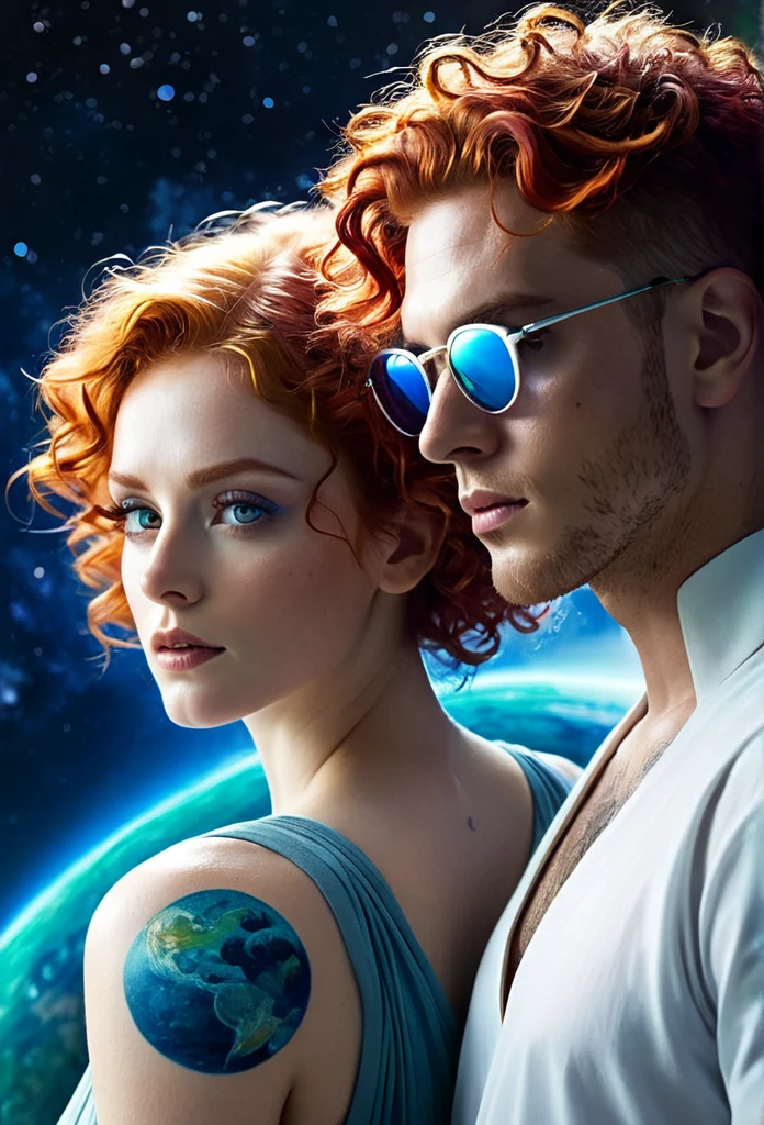 Two main characters staring at each other intensely. The woman has curly red hair that falls long over her shoulders., with eyes that mix the colors of honey and green. The man has short white hair with shades of light blue, gray blue eyes and a blue tattoo that runs up his neck. The cover background displays a planet in shades of white and blue, creating an ethereal and futuristic setting. The characters&#39; expressions are profound, suggesting an emotional connection and an engaging story. Soft lighting highlights the details of faces and the vibrant colors of hair and eyes, while the planet in the background adds a touch of mystery and fantasy.