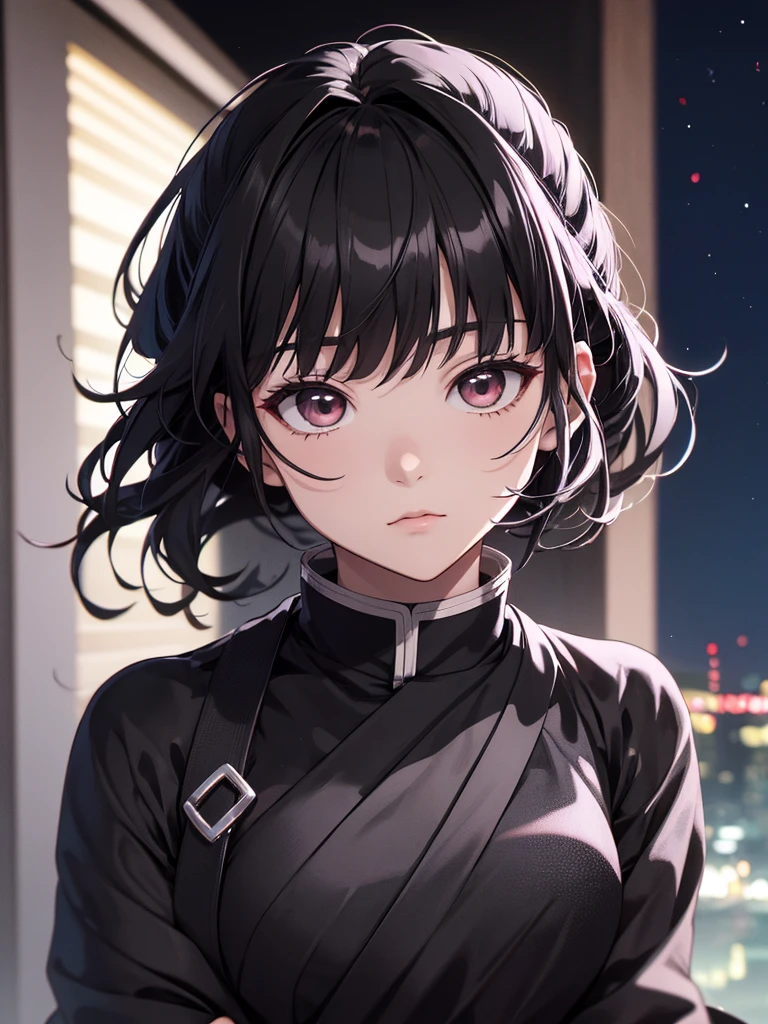 Kanao from demon slayer anime, 1girl, wearing a modern stylish black colour party frock, at a night party, black colour kanao's hair, 8k, high detailed, high quality