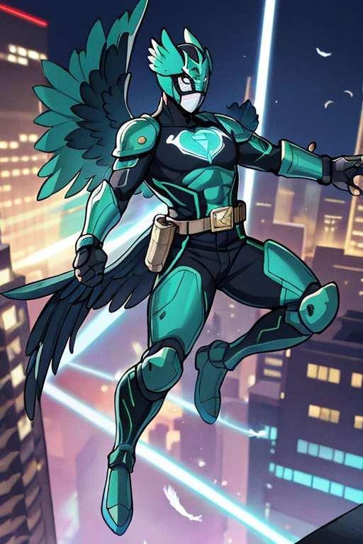 ((best quality)), ((masterpiece)), (detailed), 1 man, full body, 25 years old, masked, blue mask, blue head, uncovered mouth, biker helmet, blue helmet, parrot helmet, black neck, tall, thin, black beak, black details, a green parrot with a blue head on his side, metallic wings, wings on his arms, blue fingerless gloves, blue wristbands, luminous blue wings shooting lasers, blue suit resembling light armor, blue suit with an emblem, entirely green chest, emblem on his chest, green pants, deployable bird tail, metallic feathers, gray knee pads, metallic gray boots, metallic bird claws, black superhero belt, flying through the city, midday city background, anime