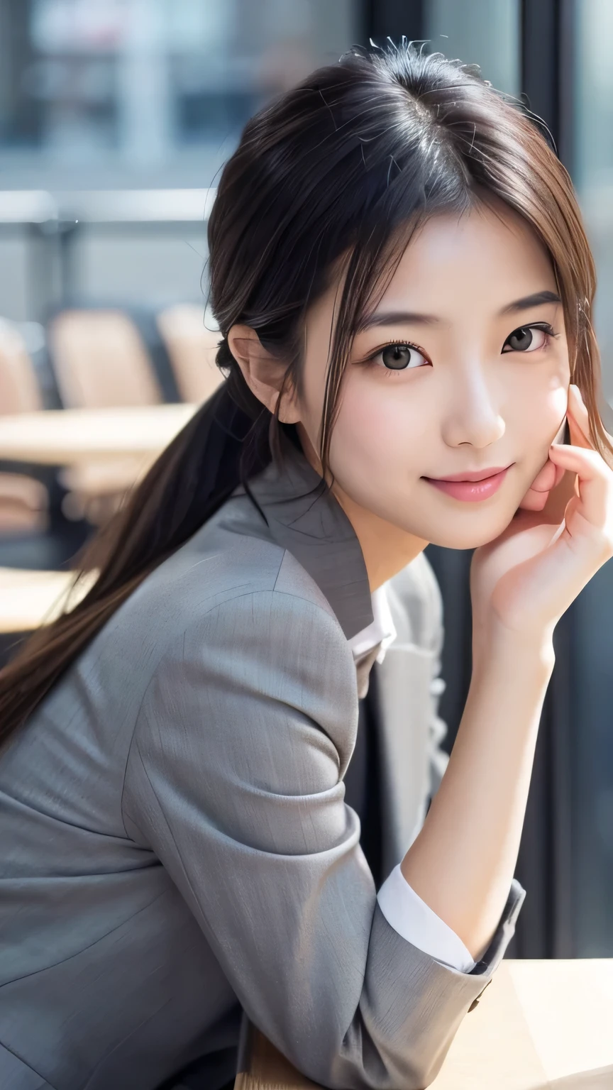 Browsing Caution,Tabletop,(super high quality),Japanese Girls,A delicate face during lunch,Delicate skin,Delicate nose,Delicate lips,Delicate hair,Beautiful Face,Viewer orientation angle,Laugh and have fun,Stylish cafe,Beautiful cityscape,Sleek medium long chignon,Delicate eyes(Vivid eyes),Gray business suit,Around 24 years old,Good weather,Professional Lighting,